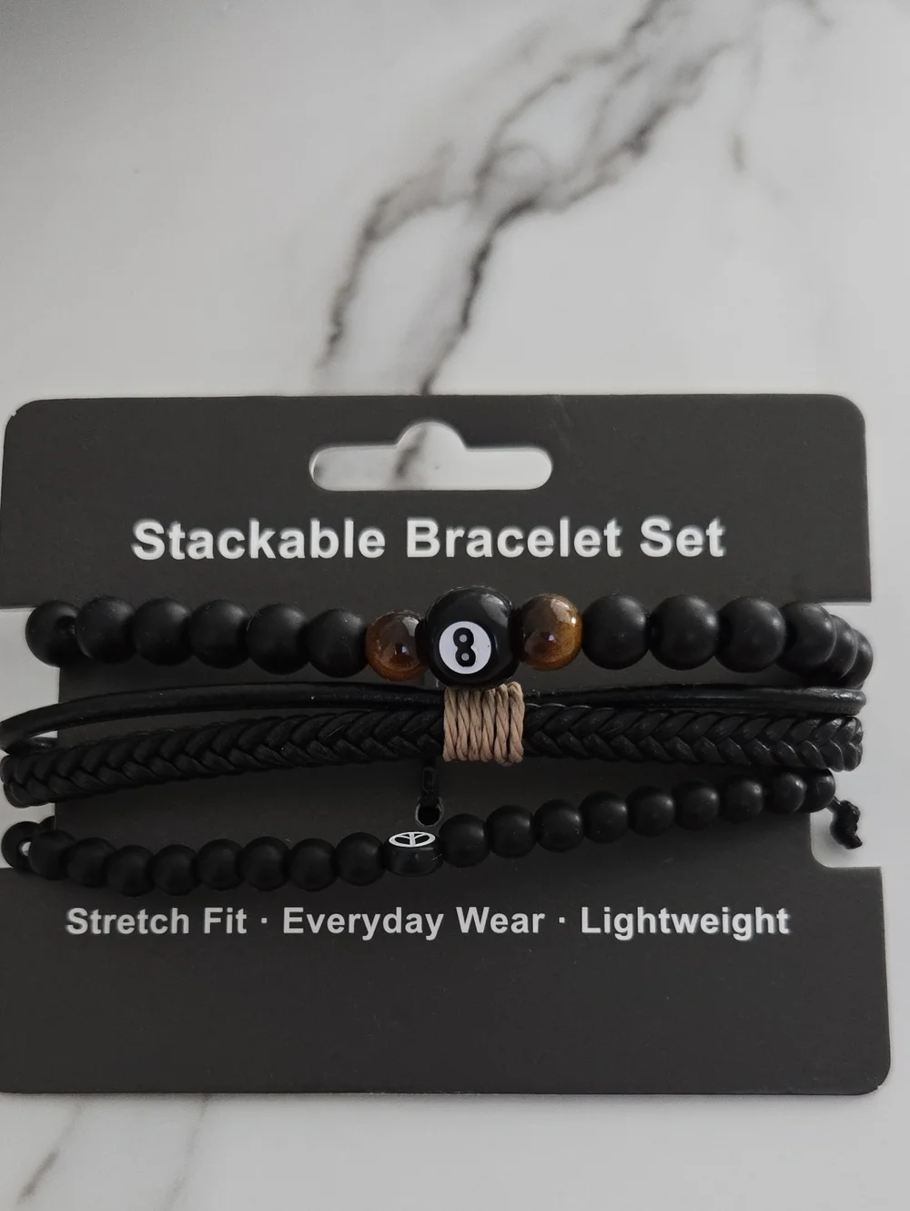 Black Stackable Bracelet Set with 8-Ball Accent